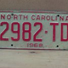 1968 North Carolina YOM Truck License Plate NC 2982-TD VG NC6