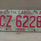 1968 North Carolina NC License Plate CZ-6228 No Dash NC11