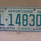 1982 North Carolina NC Apportioned Trailer License Plate L-14830 VG NC8