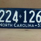 1933 North Carolina NC License Plate 224126 YOM