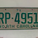 1971 North Carolina YOM License Plate Tag NC RP-4951 VG NCY1