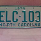 1974 North Carolina YOM Passenger License Plate NC ELC-103 VG NC3