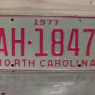 1977 North Carolina EX Truck YOM License Plate NC AH-1847 NC7