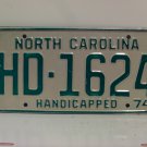 1974 North Carolina NC Handicapped License Plate HD-1624 Mint! NC11