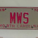 1970 North Carolina NC Vanity License Plate MWS NC11