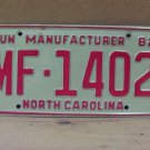 1982 North Carolina NC Manufacturer Dealer License Plate MF-1402 NC11