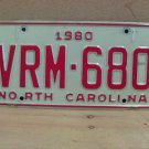 1980 North Carolina NC Passenger YOM License Plate VRM-680 EX NC4