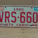 1981 North Carolina NC Passenger YOM License Plate VRS-660 VG WALL