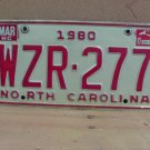 1982 North Carolina NC Passenger YOM License Plate WZR-277 VG NC5