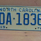 1972 North Carolina NC Passenger YOM License Plate DA-1836 Mint NC2