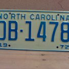 1972 North Carolina NC Passenger YOM License Plate DB-1478 Mint NC2