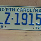 1972 North Carolina NC Passenger YOM License Plate LZ-1915 Mint NCY1