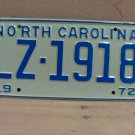 1972 North Carolina NC Passenger YOM License Plate LZ-1918 Mint NC2