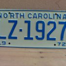 1972 North Carolina NC Passenger YOM License Plate LZ-1927 Mint NC2