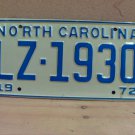 1972 North Carolina NC Passenger YOM License Plate LZ-1930 Mint NC1