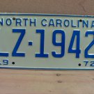 1972 North Carolina NC Passenger YOM License Plate LZ-1942 Mint NC2