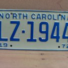 1972 North Carolina NC Passenger YOM License Plate LZ-1944 Mint NC2