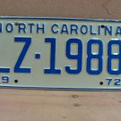 1972 North Carolina NC Passenger YOM License Plate LZ-1988 Mint NCY1