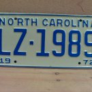 1972 North Carolina NC Passenger YOM License Plate LZ-1989 Mint NC2