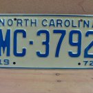 1972 North Carolina NC Passenger YOM License Plate MC-3792 Mint NC2