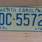1972 North Carolina NC Passenger YOM License Plate DC-5572 VG NC2