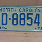 1972 North Carolina NC YOM Passenger License Plate D-8854 EX NC2