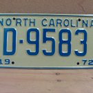 1972 North Carolina NC YOM Passenger License Plate D-9583 EX NC2