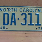 1972 North Carolina NC YOM Passenger License Plate DA-311 EX NC2