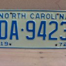 1972 North Carolina NC YOM Passenger License Plate DA-9423 EX NC2