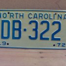 1972 North Carolina NC YOM Passenger License Plate DB-322 EX NC2