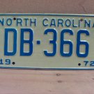 1972 North Carolina NC YOM Passenger License Plate DB-366 EX NC2