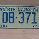 1972 North Carolina NC YOM Passenger License Plate DB-371 EX NC2