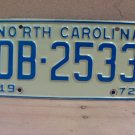 1972 North Carolina NC YOM Passenger License Plate DB-2533 EX NC2