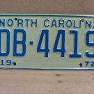 1972 North Carolina NC YOM Passenger License Plate DB-4419 EX NC2