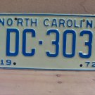1972 North Carolina NC YOM Passenger License Plate DC-303 EX NC2