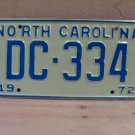 1972 North Carolina NC YOM Passenger License Plate DC-334 EX NC2