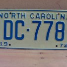 1972 North Carolina NC YOM Passenger License Plate DC-778 EX NC2