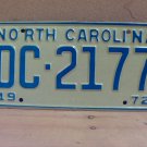 1972 North Carolina NC YOM Passenger License Plate DC-2177 EX NC1