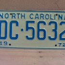 1972 North Carolina NC YOM Passenger License Plate DC-5632 EX NC2