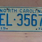 1972 North Carolina NC YOM Passenger License Plate EL-3567 EX NC2
