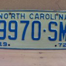 1972 North Carolina NC YOM Truck License Plate 9970-SM VG NC7