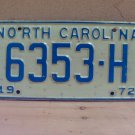 1972 North Carolina NC YOM Truck License Plate 6353-H VG NC6