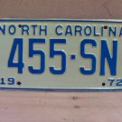 1972 North Carolina NC YOM Truck License Plate 455-SN EX NCY5