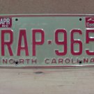1982 North Carolina NC Passenger YOM License Plate RAP-965 VG NC5