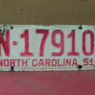 1951 North Carolina Passenger YOM License Plate VG- NC N-17910 NC1