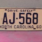 1960 North Carolina Passenger YOM License Plate VG- NC AJ-568 NC1
