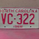 1968 North Carolina NC License Plate VC-322 YOM MINT NC1