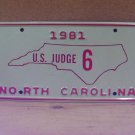 1981 North Carolina NC U.S. Judge License Plate USJ6