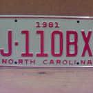 1981 North Carolina NC Retired Judge License Plate J-110BX NCG1