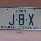 1980 North Carolina NC Retired Judge License Plate J-8-X